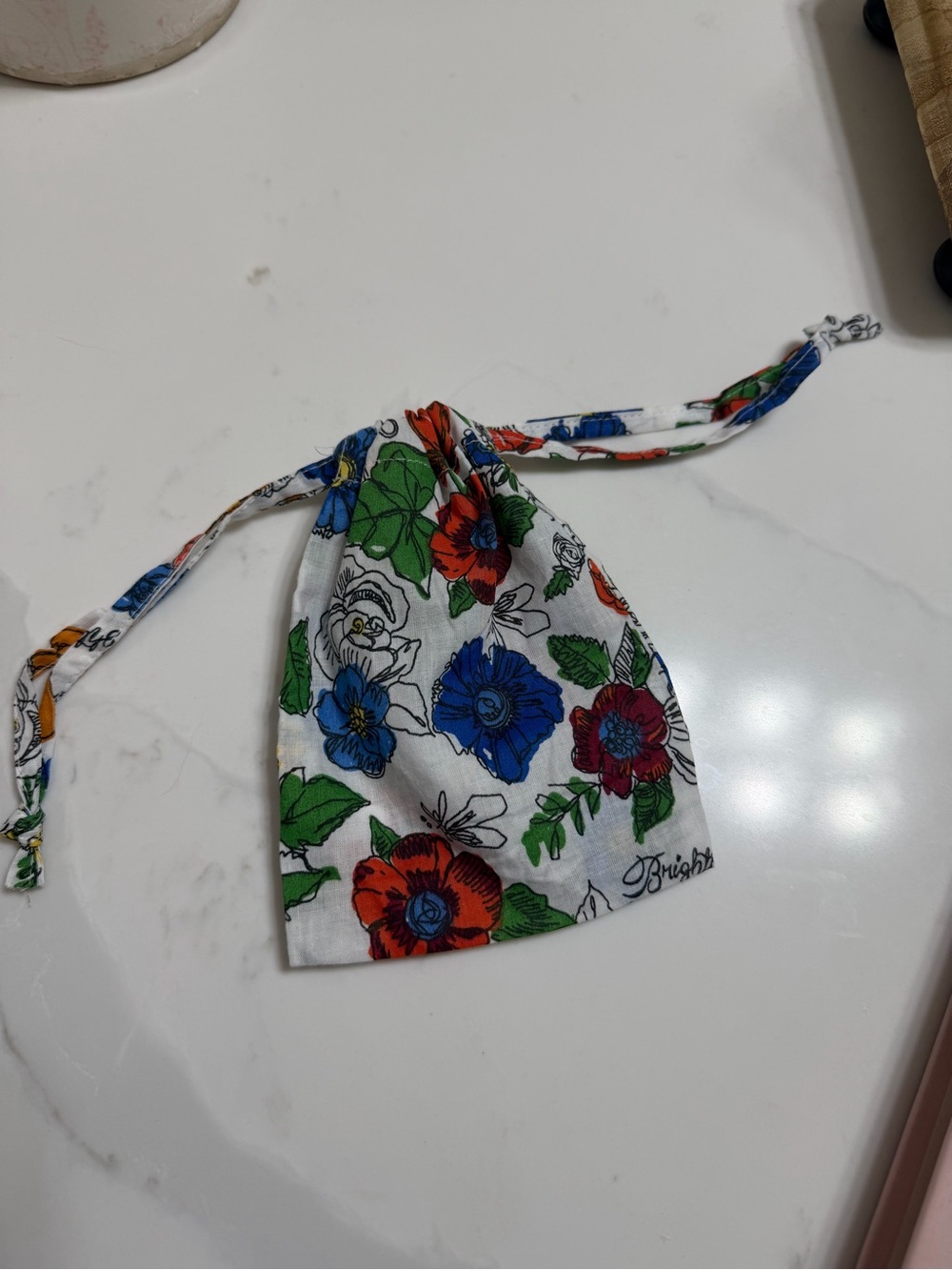Brighton Floral Drawstring Jewelry Pouch - White with Red, Blue & Green